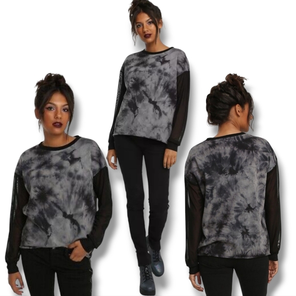 HOT TOPIC Ladies Gray & Black Mesh Sleeve Tie Dye Sweatshirt - Picture 1 of 16